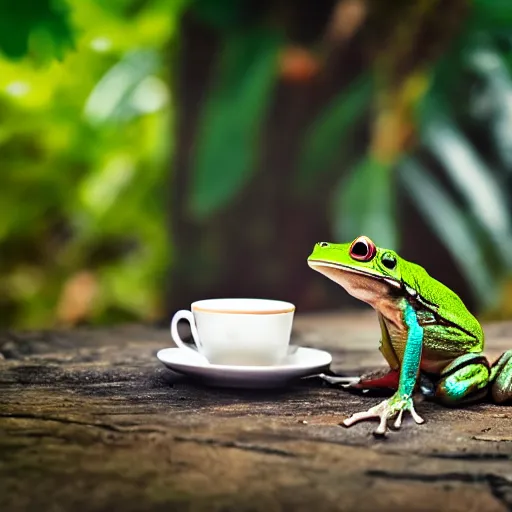 Image similar to mad frog drinking coffee. nature photography.