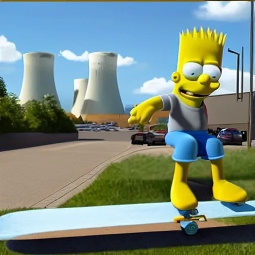 Prompt: 3D realistic (Bart Simpson) skateboarding around a neighborhood, sunny day, nosey neighbors, Flanders, ice cream donuts nuclear power plant in the distance