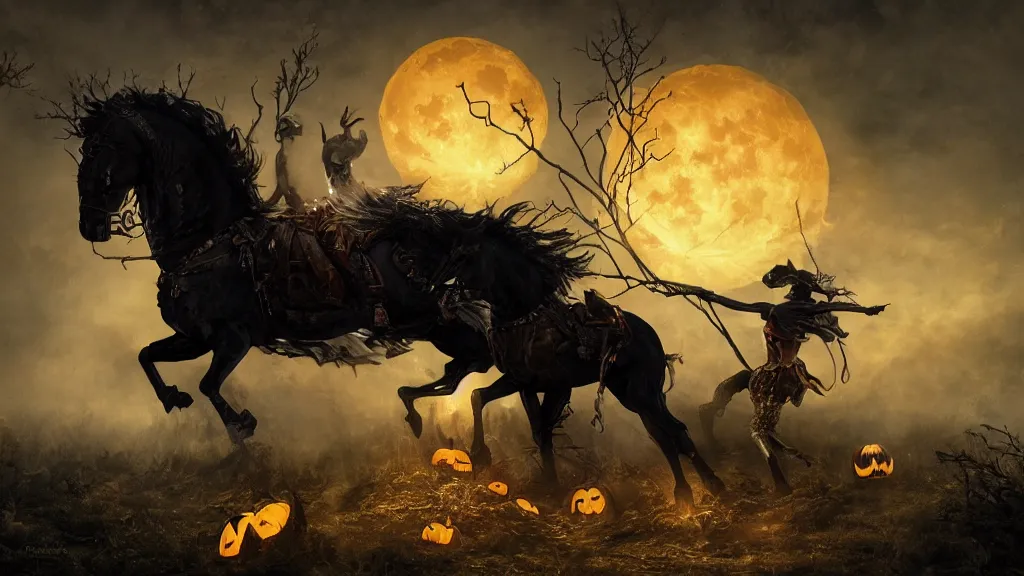 Prompt: rampant black horse with fiery eyes a headless colonial rider holds a jack - o - lantern, background gnarled trees and supermoon, in the styles of greg rutkowski, keith parkinson, and john quidor, intricate, detailed, volumetric lighting
