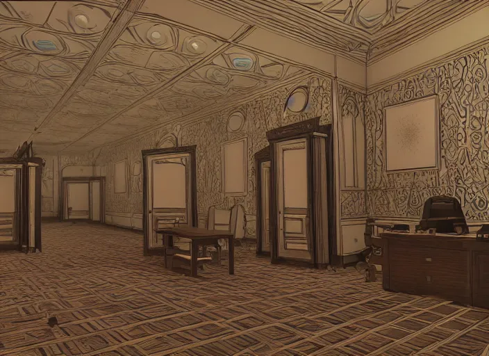 Image similar to kingdom hearts inspired stanley parable office backrooms, creepy but colorful render, intricate detail, castle oblivion, normal workplace office, uhd