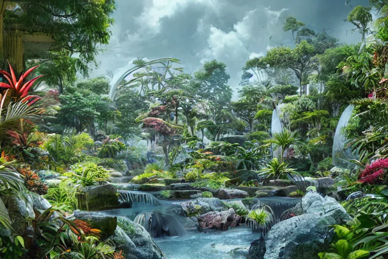 Image similar to brutalist futuristic white Aztec structures, manicured garden of eden, vivid pools and streams, tropical foliage, bromeliads, azaleas, Japanese maples, birds, sculpture gardens, Winter, by Jessica Rossier and Brian Froud