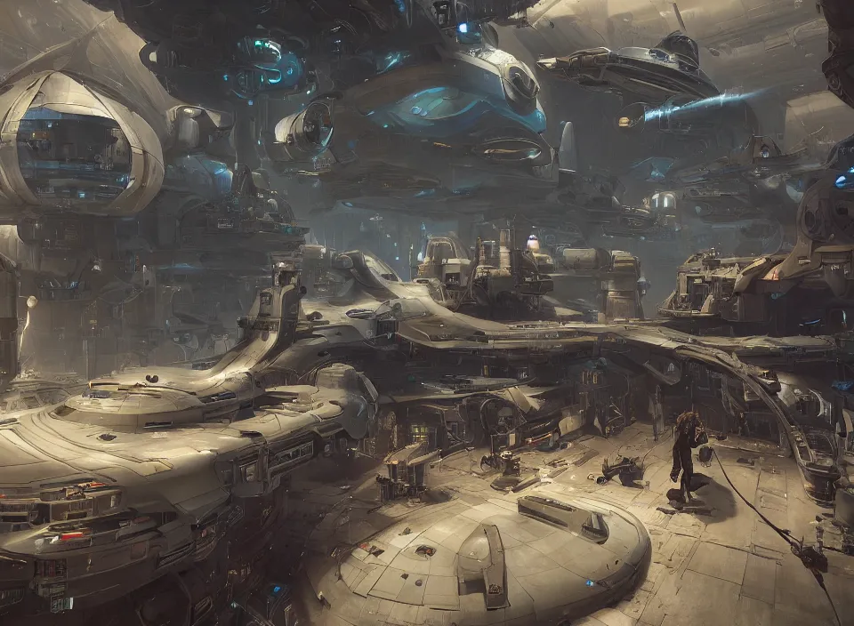 Prompt: the inside of a futuristic dieselpunk space dock, parked spaceships, mechanics walking around, by peter mohrbacher and craig mullins, star citizen, firefly, unreal engine 5, extreme detail, hyper realism, realistic shading, cinematic composition, realistic render, octane render, detailed textures, photorealistic, colorful, raytracing