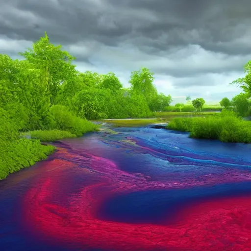 Image similar to god spills colorful rivers from a sky, fantasic rain, render, octane render, 3 d, unreal engine, raytracing, 8 k