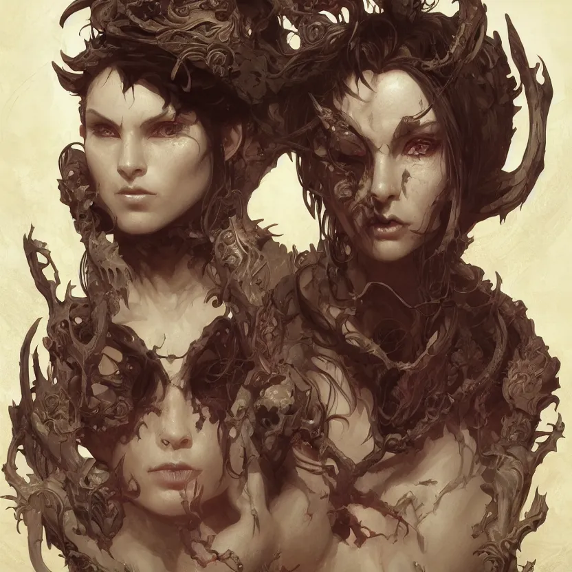 Image similar to beautiful illustrated portrait of a demon lord, symmetrical detailed face artwork, painted, 4k, trending on artstation, octane render, art by artgerm and greg rutkowski and alphonse mucha and craig mullins and James Jean and Andrei Riabovitchev and Marc Simonetti and peter mohrbacher
