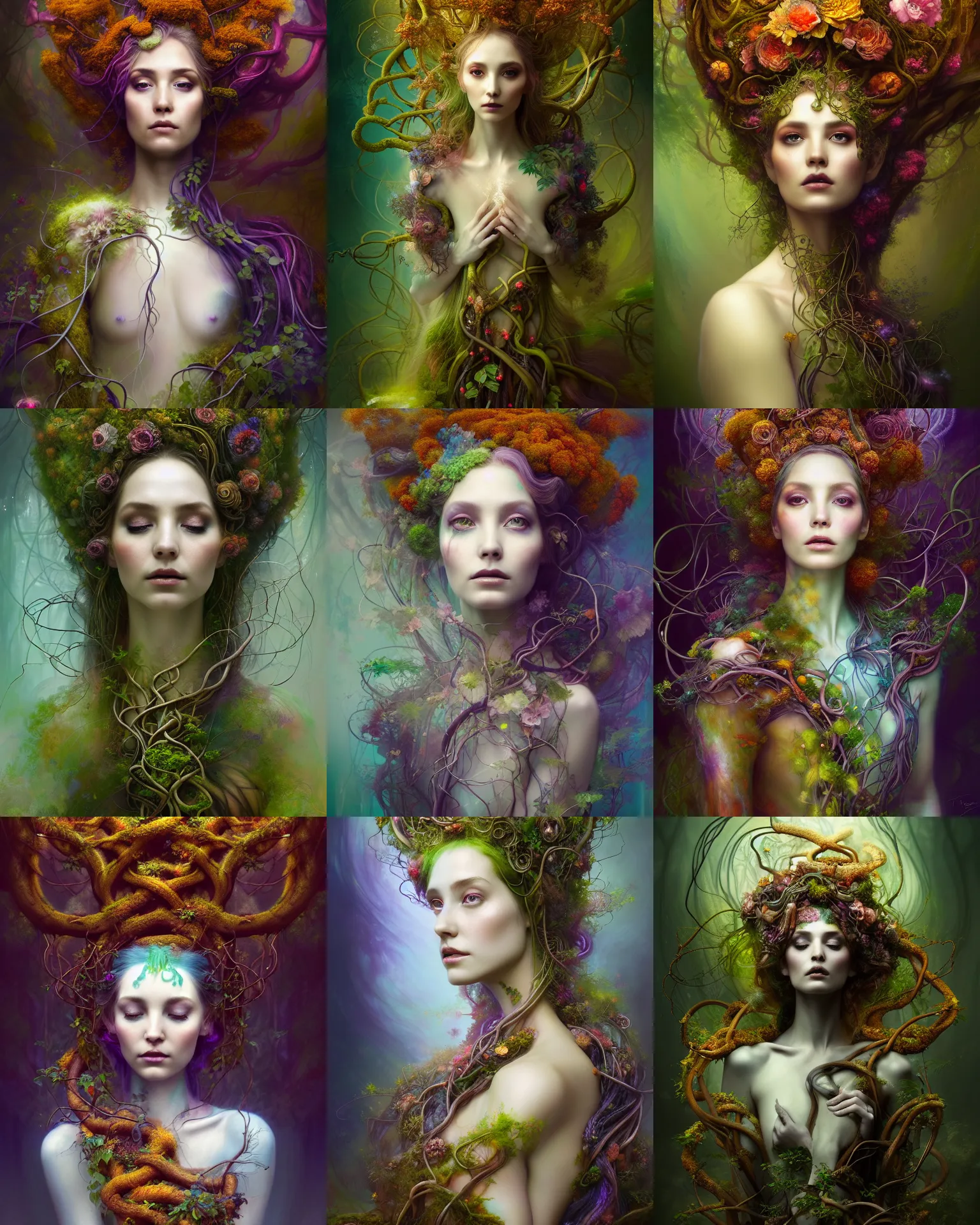 Prompt: Full View Portrait Mystical ethereal roots and vines deity wearing beautiful dress, roots and vines Dryad, 4k digital masterpiece by Anna dittman and Ruan Jia and Alberto Seveso, fantasycore, Hyperdetailed, realistic oil on linen, soft lighting, marigold background, featured on Artstation