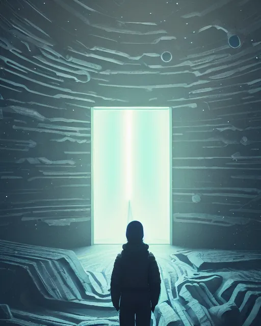 Prompt: a person standing in front of a glowy open door that's on a barren planet, poster art by mike winkelmann, trending on cg society, space art, sci - fi, ue 5, futuristic, volumetric lighting