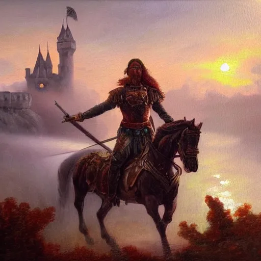 Image similar to oil painting of a warrior on a horse in front of a misty castle, fantasy, detailed, dawn