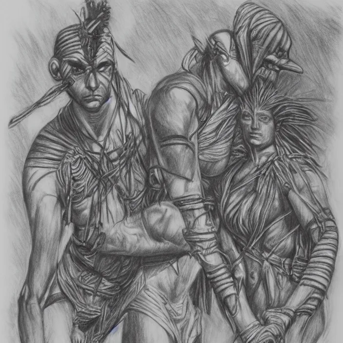 Image similar to The mummy touches the warrior's head , in jungle, pencil drawing