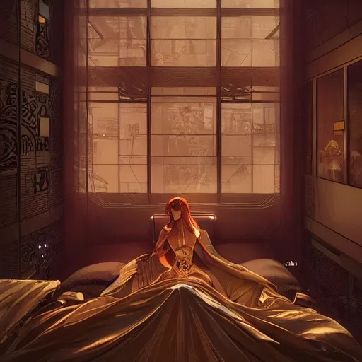 Image similar to image of a futuristic hotel room at future neon light tokyo, sci - fi and fantasy, intricate and very very beautiful and elegant, highly detailed, digital painting, artstation, concept art, smooth and sharp focus, illustration, art by tan zi and ayanamikodon and alphonse mucha and wlop