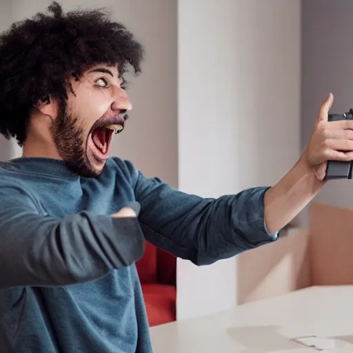 Prompt: man pointing at nintendo switch, man screaming