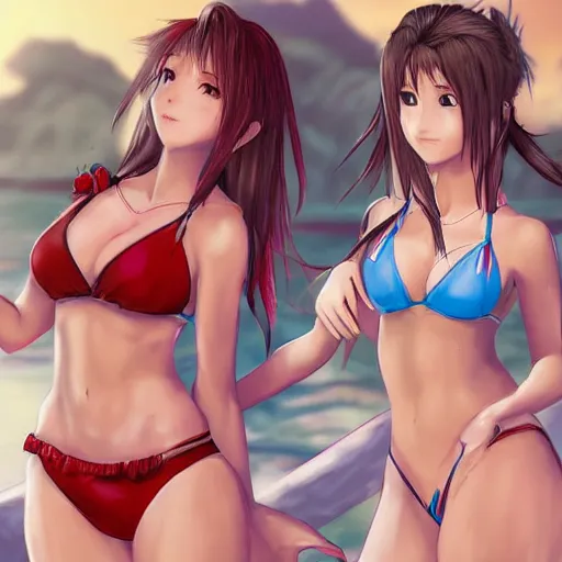 Image similar to beautiful aerith and tifa and jessie from final fantasy in a bikini on the beach making eye contact drawn by WLOP
