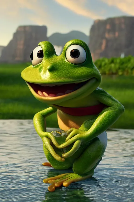 Prompt: portrait of a happy frog holding a white teacup with the river in background, full body. pixar disney 4 k 3 d render funny animation movie oscar winning trending on artstation and behance, ratatouille style