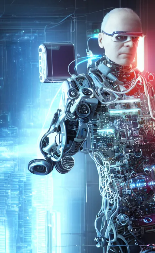 Image similar to a beautiful photo of a middle - aged bionic male cyborg, cyberpunk, circuit boards, electronic components, integrated vr headset, augmented vision, volumetric light, photography, dynamic lighting, color, intricate, extremely detailed, photorealistic, stunning, unreal engine 5