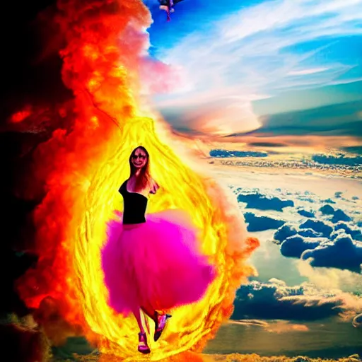 Prompt: a goddess wearing a flamingo skirt, on fire, photoshop, colossal, creative, giant, digital art, city, photo manipulation, clouds, sky view from the airplane window