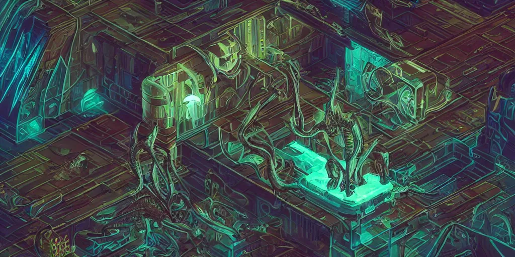 Image similar to isometric portrait of advanced alien, his last moment, mystical, technology meets fantasy, map, infographic, concept art, art station, style of giger, wes anderson