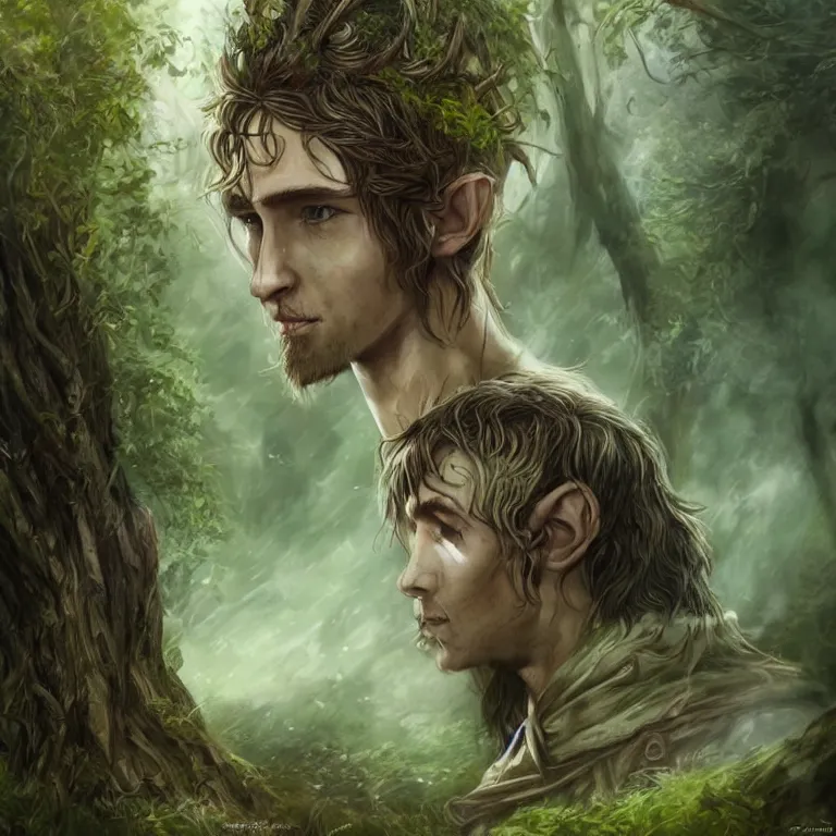 Prompt: handsome elvish warrior in the woods, stream, clouds, grass, forest, trees, facing the woods, lord of the rings style, fantasy, poster, character portrait, portrait, close up, concept art, intricate details, highly detailed, full body, 8 k, detailed face, body