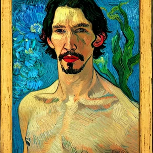 Prompt: body portrait of shirtless adam driver as a florist, holding flowers, long shot, painted by van gogh and gauguin