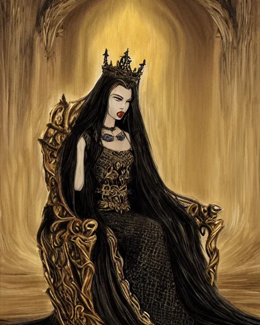 Image similar to an illustration of a queen with fair skin and dark stylises hair on a throne at night by tolkien, realistic, detailed, oil painting