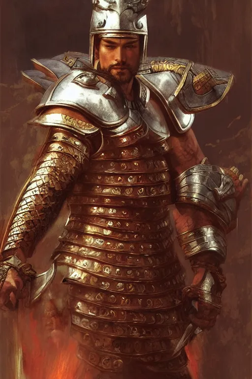 Prompt: attractive male with armor, ancient china, three kingdoms, character design, dynamic lighting, cool and bright tint, painting by gaston bussiere, craig mullins, j. c. leyendecker, tom of finland