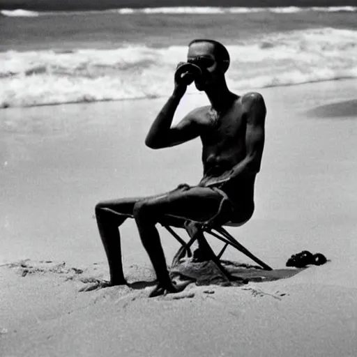 Prompt: photograph of an alien drinking martini on the beach, life magazine, 8 0 s