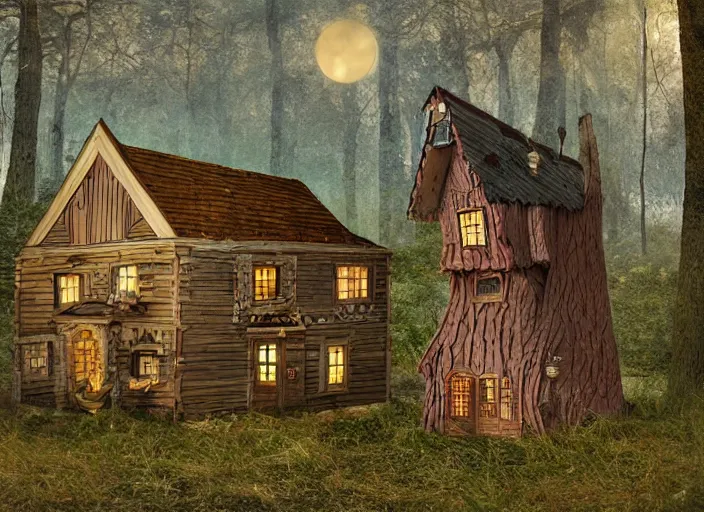 Prompt: simple folk art, house in the wood, mystical, lowbrow, matte painting, 3 - d highly detailed, in the style of ammi phillips,