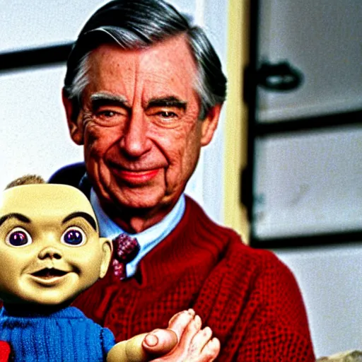 Image similar to Mr. Rogers holding Chucky the killer doll from the movie Child's Play