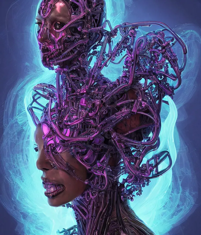 Image similar to fully symmetrical centered iridescent portrait of a beautiful princess demon in robe. skulls artificial muscles, ribcage, bones, hard surface modelling. cyberpunk look. biomechanical mask. bio luminescent biomechanical halo around head. neon jellyfish. artwork by jarold Sng by artgerm, by Eddie Mendoza, by Peter mohrbacher by tooth wu, unreal engine, octane render, cinematic light, high details, iridescent colors, dichroic, macro, depth of field, blur