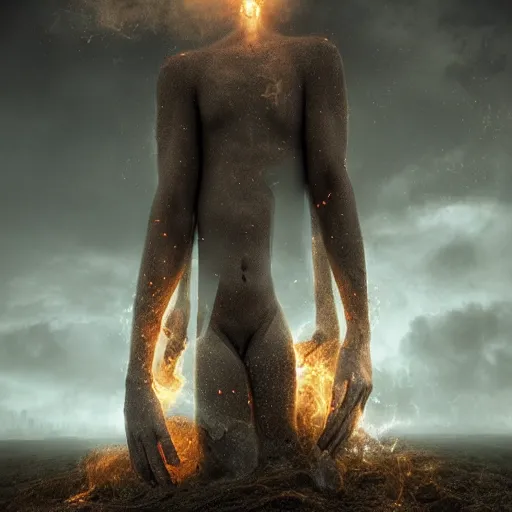 Image similar to Editorial Masterpiece extremely realistic Legendary elemental High Orders Nephilim Virtues figure infused with coalesced crystalline fire by Erik Johansson, perfect light