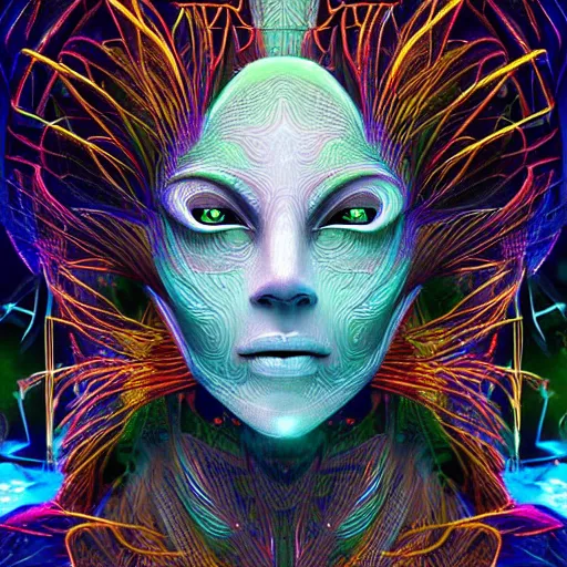 Image similar to Face of a Alien Deity, centered, corals, plume made of geometry, extremly detailed digital painting, sharp focus in the style of android jones, artwork of a futuristic artificial intelligence superstar with frames made of detailed circuits, mystical colors, rim light, beautiful lighting, 8k, stunning scene, raytracing, octane, under water visual distortion, dark tones colors, trending on artstation