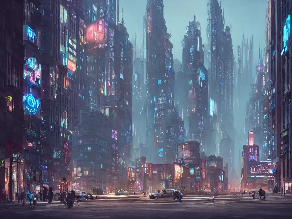 Prompt: beautiful matte painting of a busy city street with complex buildings, vivid lights, art deco, street view, street level, futuristic, technological lights, large screens, ads, fine detail, polished, cinematic lighting, concept art, blue color scheme, octane render, realism, cgsociety, artstation, by hugh ferris