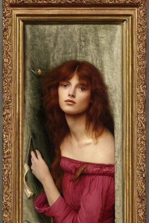 Image similar to a pre raphaelite painting of brigitte bardot, bored, looking at her rosegold macbook air by dante gabriel rossett