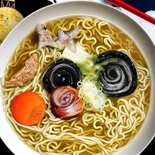 Image similar to Delicious looking bowl of ramen floating in space, space telescope, stars, galaxies