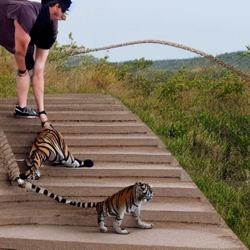 Image similar to a figure ties their shoelaces in a vast empty landscape on stairs next to a tiger catching a deer