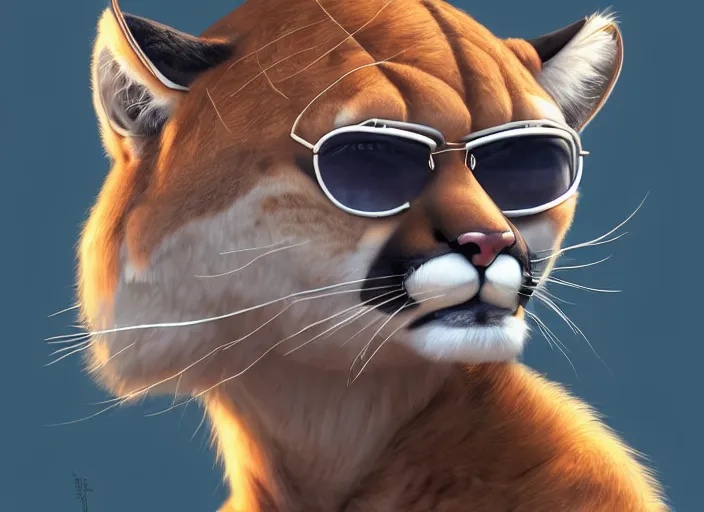 Prompt: character portrait feature of the anthro female anthropomorphic puma bobcat mountain lion fursona wearing aviator sunglasses fighter jet pilot outfit uniform professional pilot for us air force character design stylized by charlie bowater, ross tran, artgerm, and makoto shinkai, detailed, soft lighting, rendered in octane, peru in background