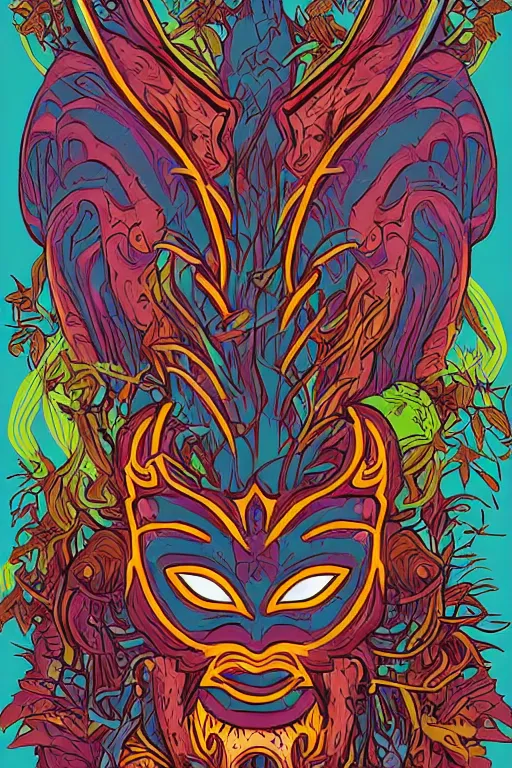 Image similar to animal mask totem roots flower tribal feather gemstone plant wood rock shaman vodoo video game vector cutout illustration vivid multicolor borderlands comics by josan gonzales and dan mumford radiating a glowing aura