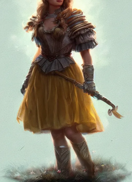 Prompt: beautiful female dorothy gale, margot robbie as dorothy, full body character concept, armor, super powers, fantasy, intricate, elegant, highly detailed, digital painting, artstation, concept art, shining, sharp focus, illustration, art by stanley lau