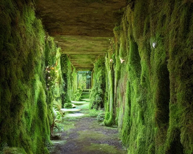 Image similar to Temple hallway, densley overgrown with moss, plants, flowers, ferns, some fireflies flying in the air, atmospheric, amazing and immaculate scale, trending on Artstation, digital art