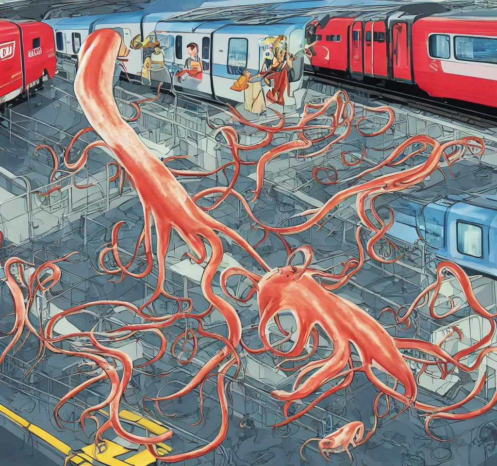 Prompt: a giant squid commuting to work on a suburban train, sponsored by burger squid king. the squid is drawing a technical diagram of a machine which will enslave humanity.