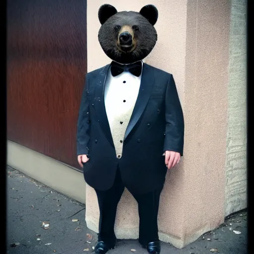 Prompt: a photo of a bear in a tuxedo