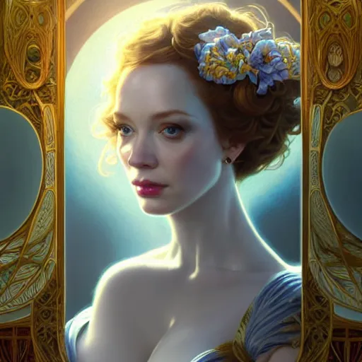 Image similar to christina hendricks wearing a white periwinkle, sci fi, glowing eyes, volumetric lights, gold theme, art nouveau botanicals, intricate, highly detailed, digital painting, artstation, concept art, smooth, sharp focus, cinematic, illustration, beautiful face, art by artgerm and greg rutkowski and alphonse mucha