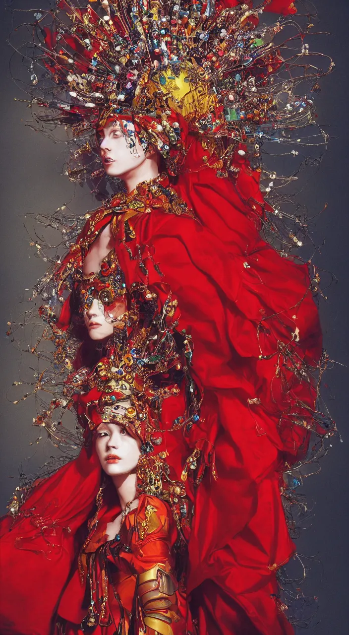 Image similar to a female character design, full body, wearing high fashion, beads hanging over her face like an alexander mcqueen headdress, costume by eiko ishioka, haute couture, dior, and a red cape by moebius, steven outram, colourful and psychedelic, hd, 8 k, artstation, high quality, ultra detailed