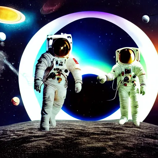 Image similar to Space Cowboy and Astronaut sitting on a chair with studio lighting, time traveling in space while looking at the dark side of the moon, highly detailed, NASA photo style, psychedelic, photo realism