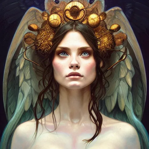 Image similar to portrait of an antropomorthic earth angel, forest spirit, D&D, blue eyes, face, fantasy, intricate, elegant, highly detailed, digital painting, artstation, concept art, smooth, sharp focus, illustration, art by artgerm and greg rutkowski and alphonse mucha