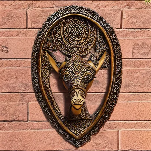 Image similar to gorgeous ornated bronze realistic detailed sacred camel wall decoration with filigree, arabic calligraphy