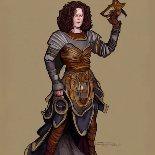 Image similar to sigourney weaver as a d & d dwarf cleric, fantasy art, digital art, character portrait