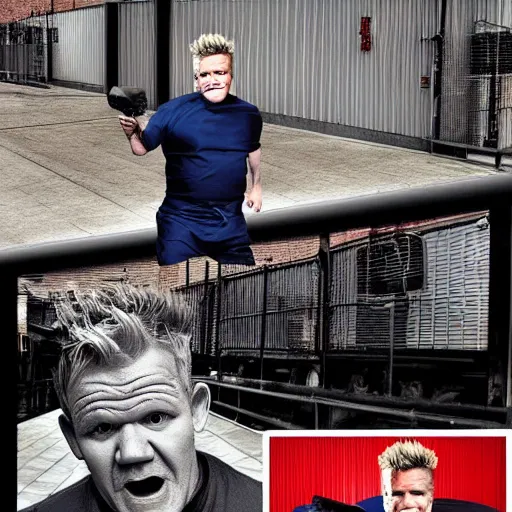 Image similar to fat gordon ramsay escaping from prison, hyper realistic, photo, photo studio, news paper, hyper detailed, smooth