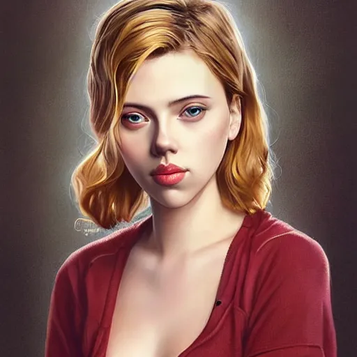 Image similar to a beautiful scenic painting of a beautiful young woman that looks like scarlett johansson by artgerm and wlop and wes anderson and spike jonze