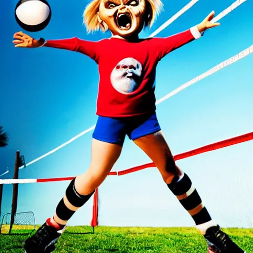 Image similar to screaming chucky doll playing volleyball and wearing tight volleyball shorts