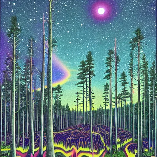 Prompt: psychedelic, trippy, pine forest, planets, northern lights, milky way, cartoon by rob gonsalves