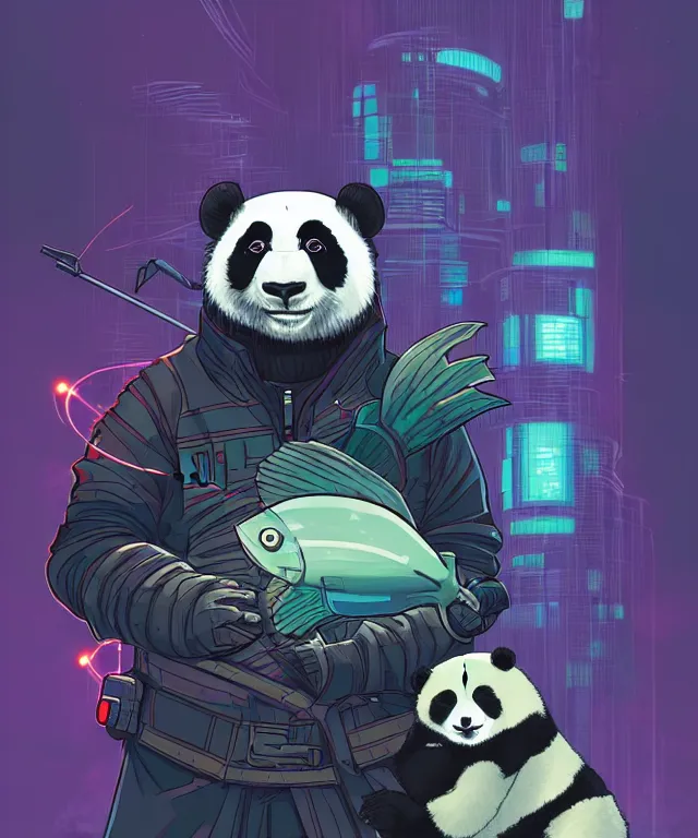 Image similar to a portrait of a cyberpunk panda holding a fish, fantasy, elegant, digital painting, artstation, concept art, matte, sharp focus, illustration, art by josan gonzalez